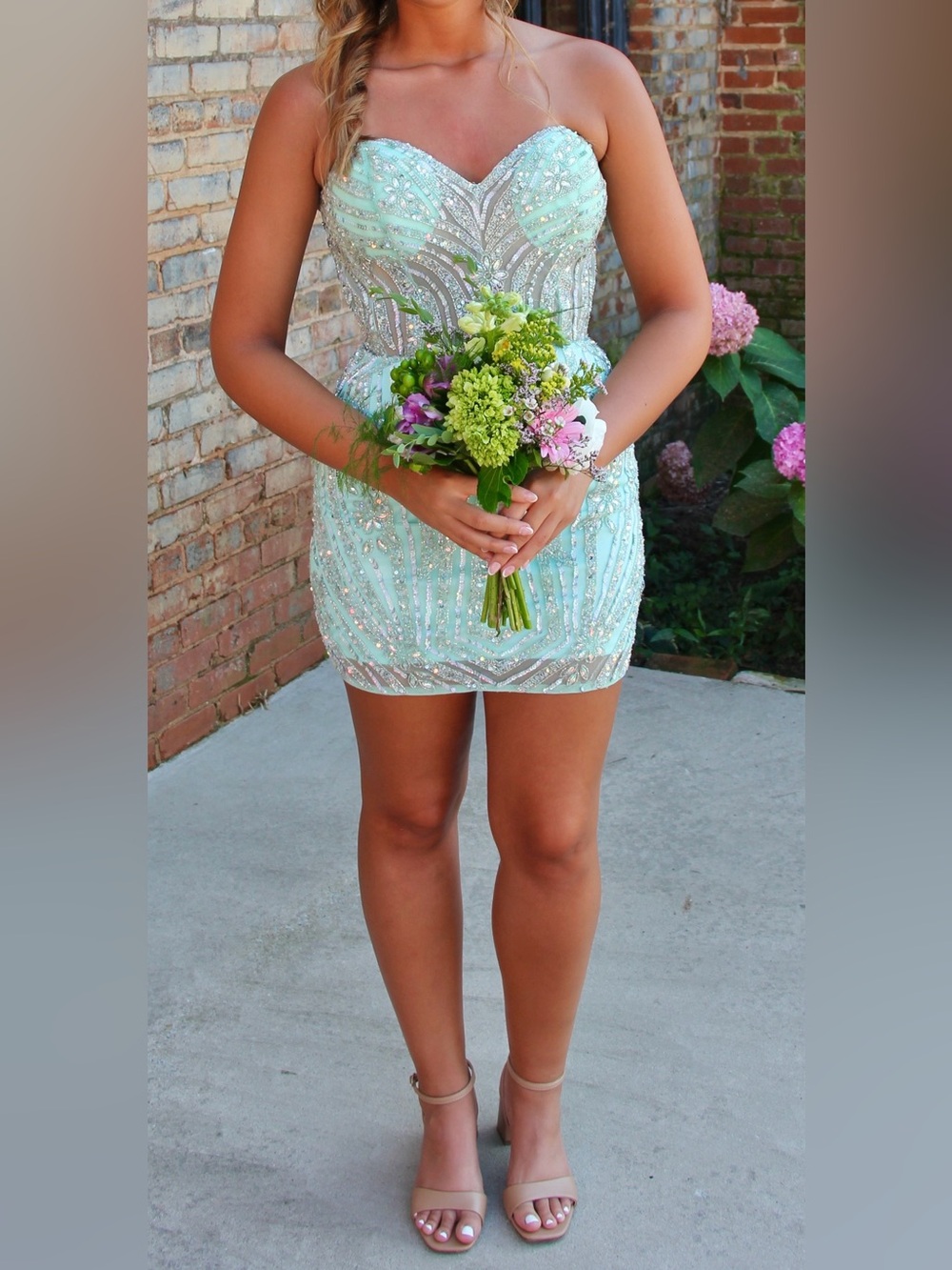 Primavera Couture Mint Sequin Strapless Mini Dress